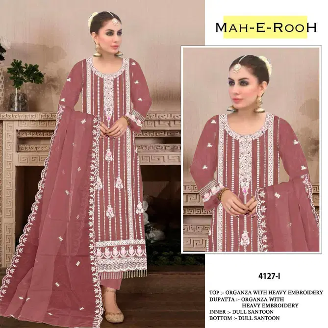 Mah E Rooh 4127 Embroidery Organza Pakistani Suits Wholesale Market
